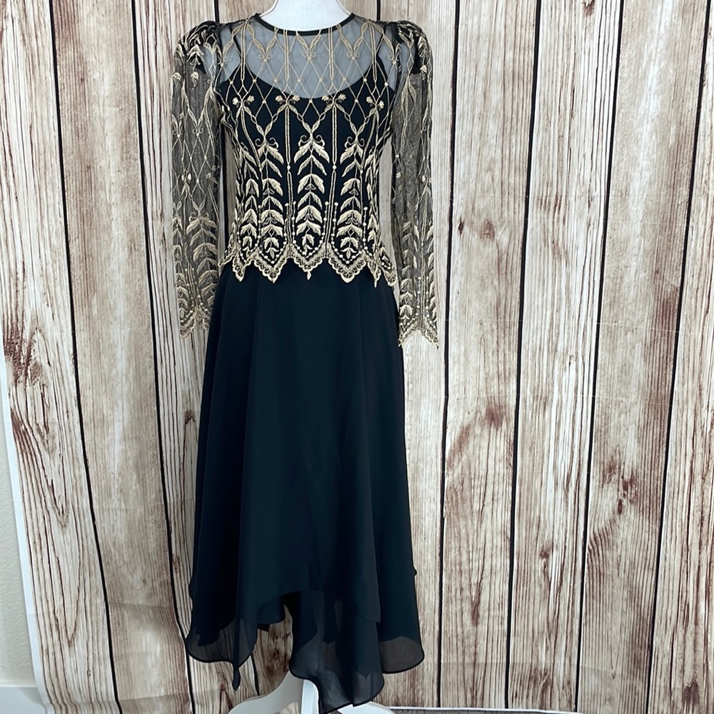 Cachet by Bari Protas Vintage Dress w/Black Sheer Overlay & Hold Embroidery